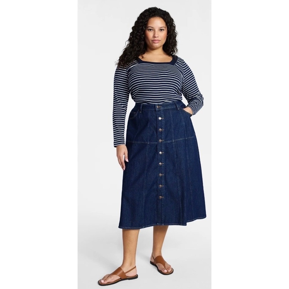 Terra & Sky Womens Plus Drapey Button Front Denim Skirt Indigo Blue Size 18W NWT - Picture 3 of 5